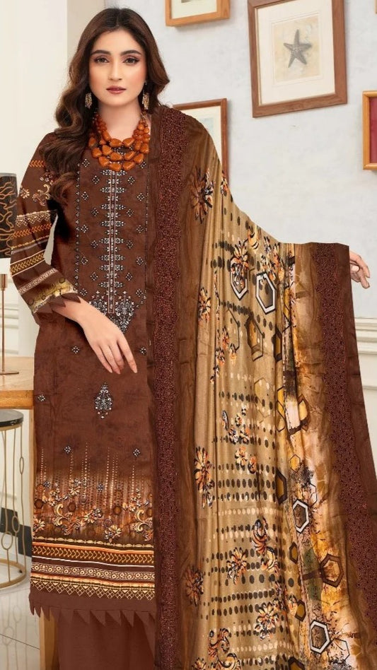 Digital Lawn With Diamond Slub Shiffly Boring Dupatta,MA.